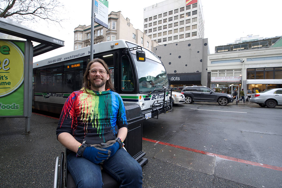 Dec. 12, 2019 – Daniel Sands, a two-spirit person, says they have faced discrimination from BC Transit since they started using a wheelchair this year. (Nicole Crescenzi/News Staff)