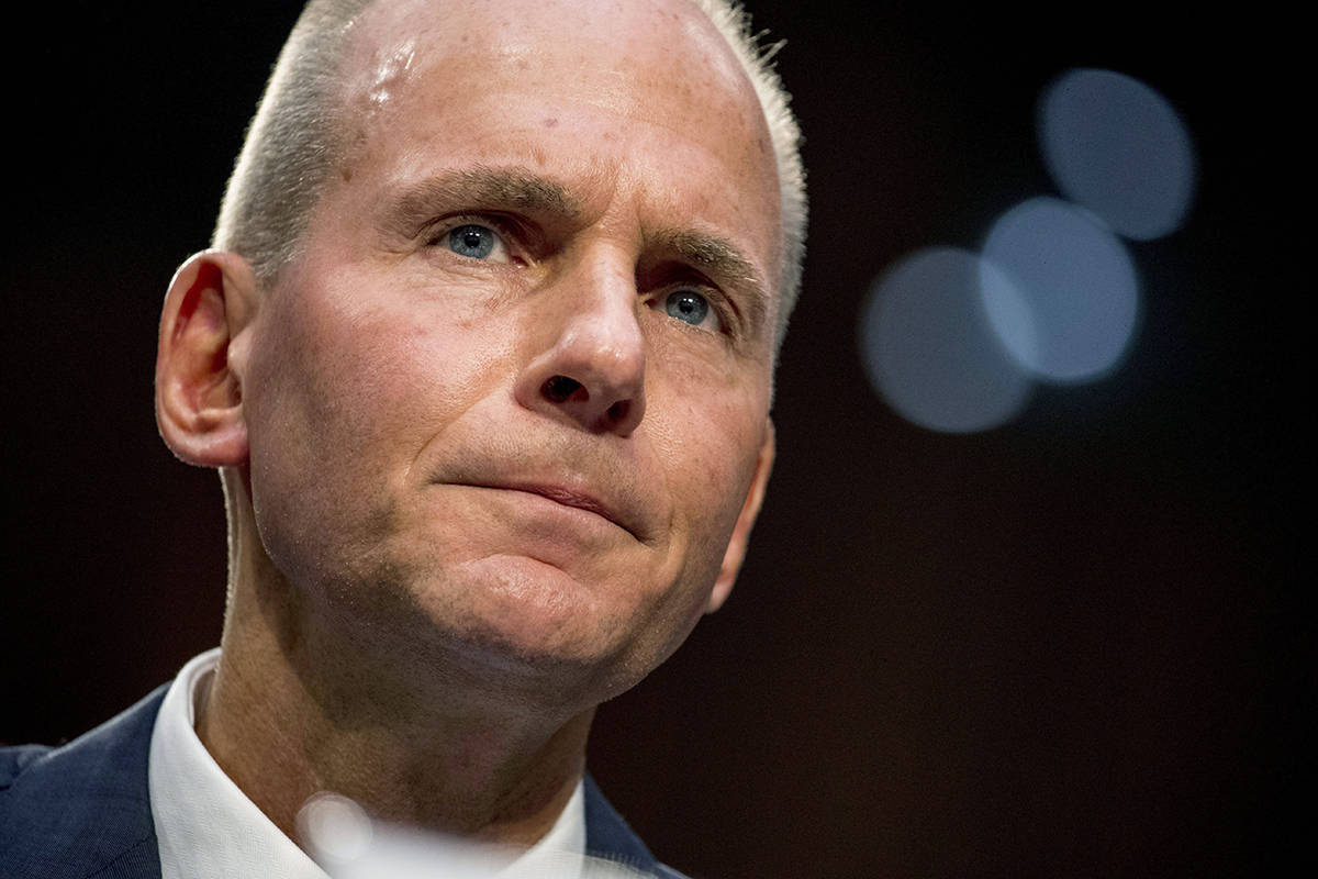FILE - In this Oct. 29, 2019, file photo Boeing Company President and Chief Executive Officer Dennis Muilenburg appears before a Senate Committee on Commerce, Science, and Transportation hearing on ‘Aviation Safety and the Future of Boeing’s 737 MAX’ on Capitol Hill in Washington. Muilenburg is resigning amid ongoing problems at the company over the troubled Max 737 aircraft. The board of directors said Monday, Dec. 23 that Muilenburg is stepping down immediately. The board’s current chairman David Calhoun will become president and CEO on Jan. 13, 2020. (AP Photo/Andrew Harnik, File)