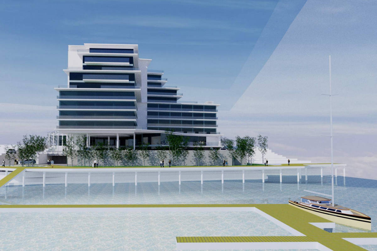 An artist rendering of a proposed 10-storey hotel and condominium development at 1000 Stewart Ave. (de Hoog and Kierulf Architects)