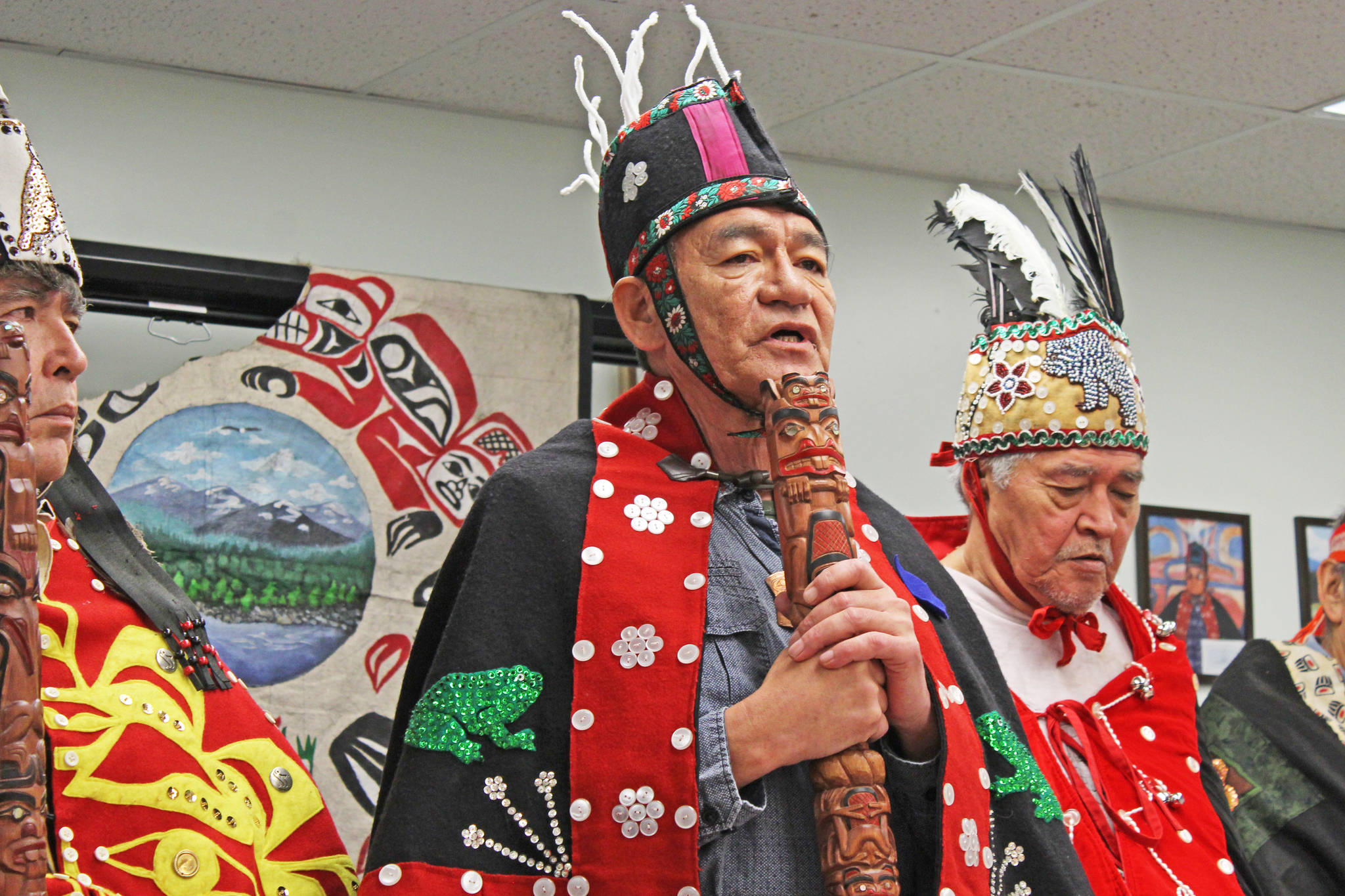 Chief Na’Moks (John Ridsdale) speaks on behalf of the Wet’suwet’en hereditary chiefs at a press conference in the Office of the Wet’suwet’en in Smithers Jan. 7. Na’Moks said an eviction of Coastal GasLink from its work site near Houston is in effect and there will be no access without consent. (Thom Barker photo)