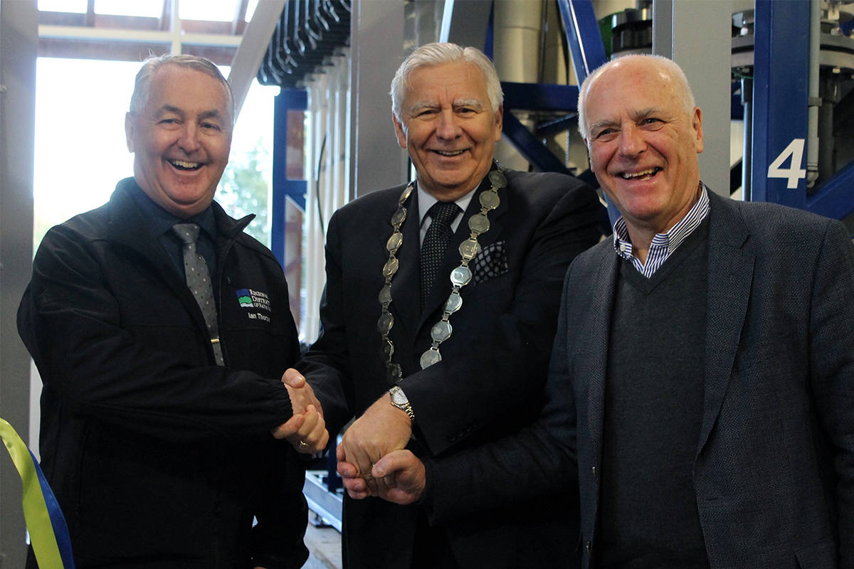 From left: Regional District of Nanaimo chairman Ian Thorpe, Mayor of Parksville and RDN board member Ed Mayne, and director of RDN Area E (Nanoose Bay) Bob Rogers at the commissioning of the Englishman River Water Services treatment plant on Jan. 9. (Emily Vance photo)