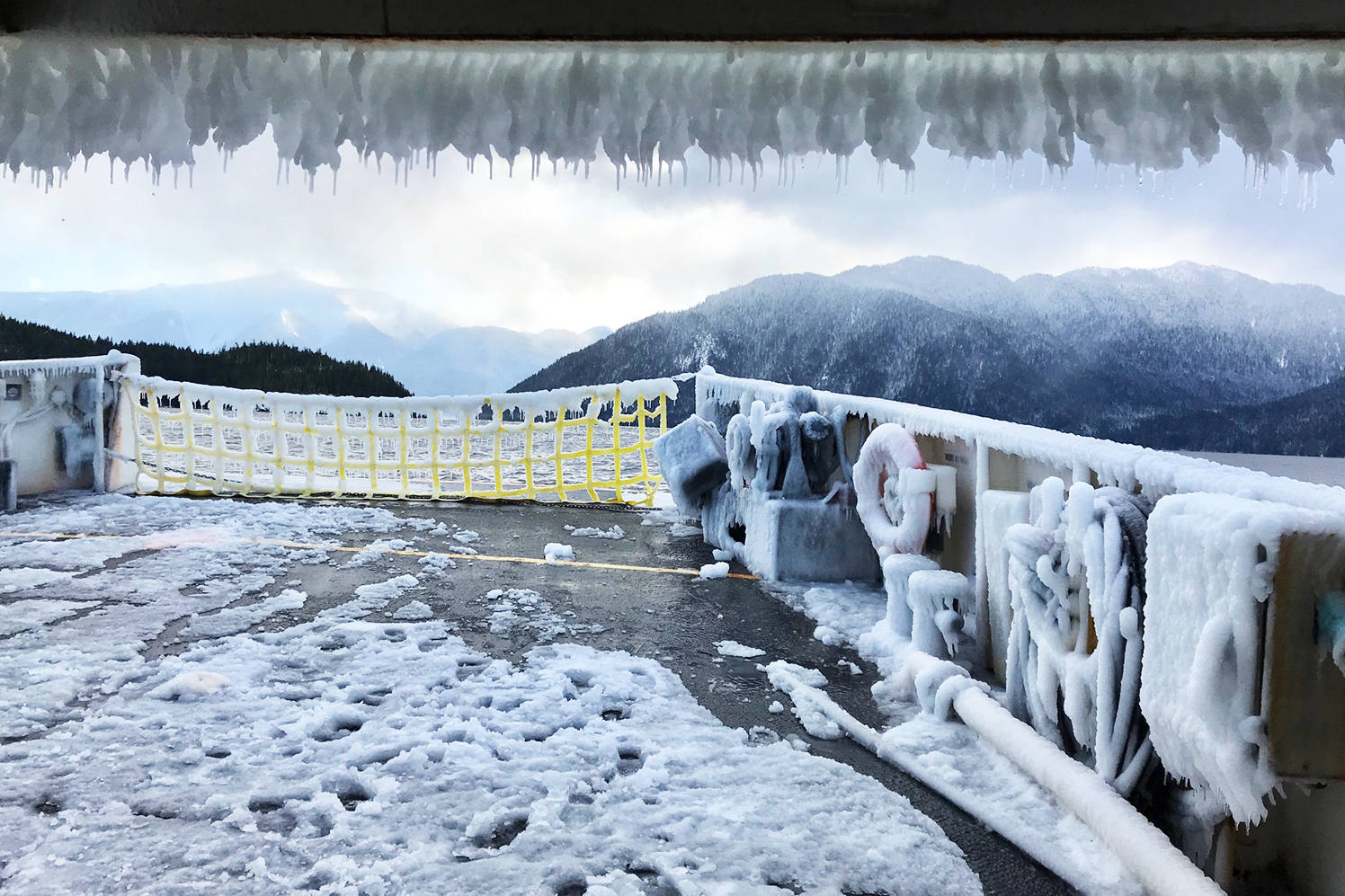 The view from the car deck of the Nimpkish during a scary sailing into Bella Coola on Jan. 12, 2020. (Bobby Sherlock photo)