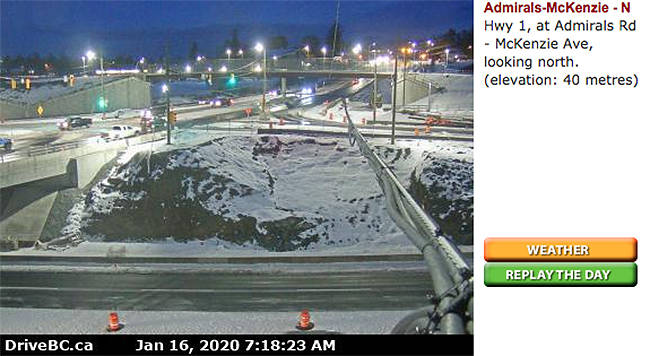 Motorists are reporting black ice under the McKenzie interchange. (DriveBC traffic camera)
