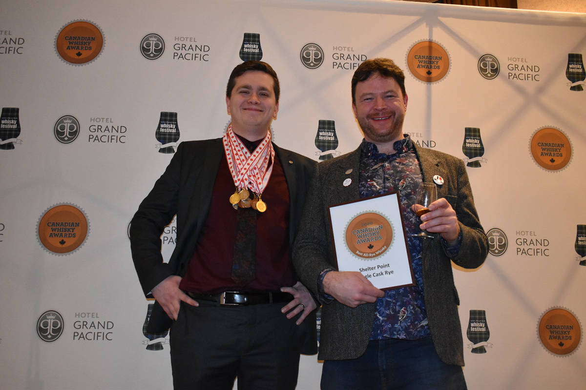Representatives from Shelter Point Distillery proudly display their medal haul at the Canadian Whisky Awards. Photo courtesy Shelter Point Distillery.