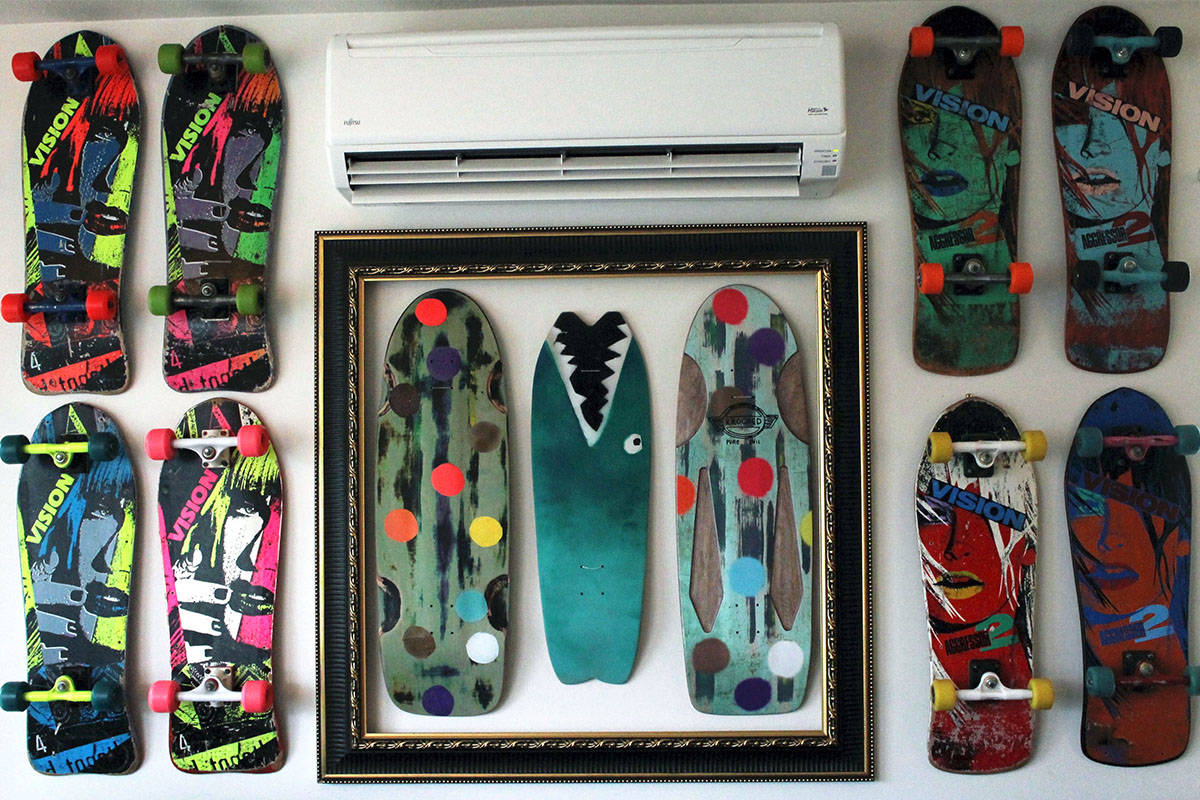 A snapshot of Eric Pinto’s collection, featuring three boards designed by influential skateboarder Mark Gonzales. The surrounding setups are Vision skateboards, a team Gonzales also rode for in the 1908s. (Emily Vance photo)