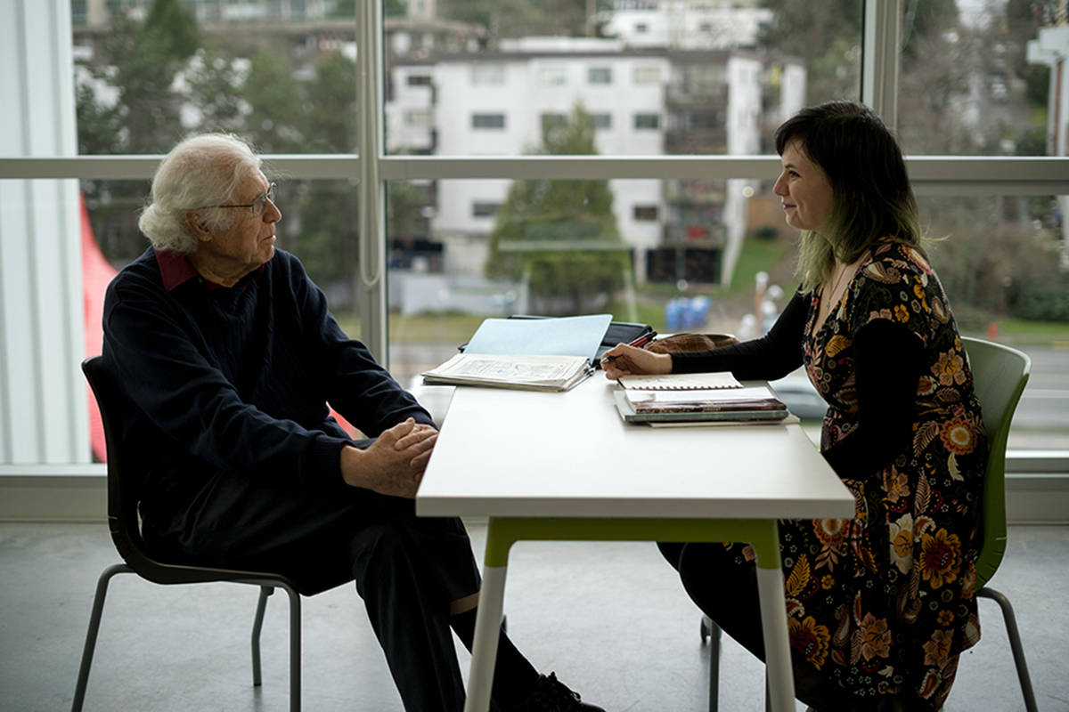 Holocaust survivor and Vancouver resident David Schaffer meets American-Israeli graphic artist Miriam Libicki for the first time at Emily Carr University in Vancouver on Jan. 2. Schaffer is one of four Holocaust survivors participating in a University of Victoria-led project to illuminate survivors’ stories with graphic novels. (Courtesy of Mike Morash)