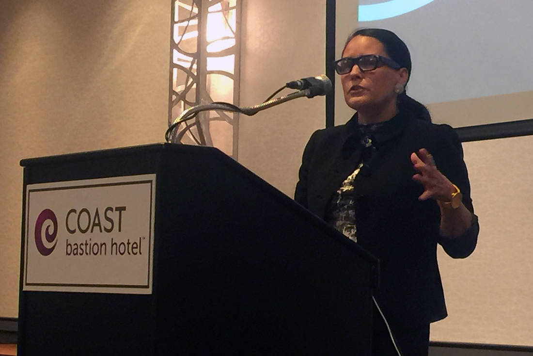 Carol Anne Hilton, chief executive officer and founder of the Indigenomics Institute, presents to members of the Greater Nanaimo Chamber of Commerce on Jan. 29 at the Coast Bastion Hotel. (Nicholas Pescod/News Bulletin)
