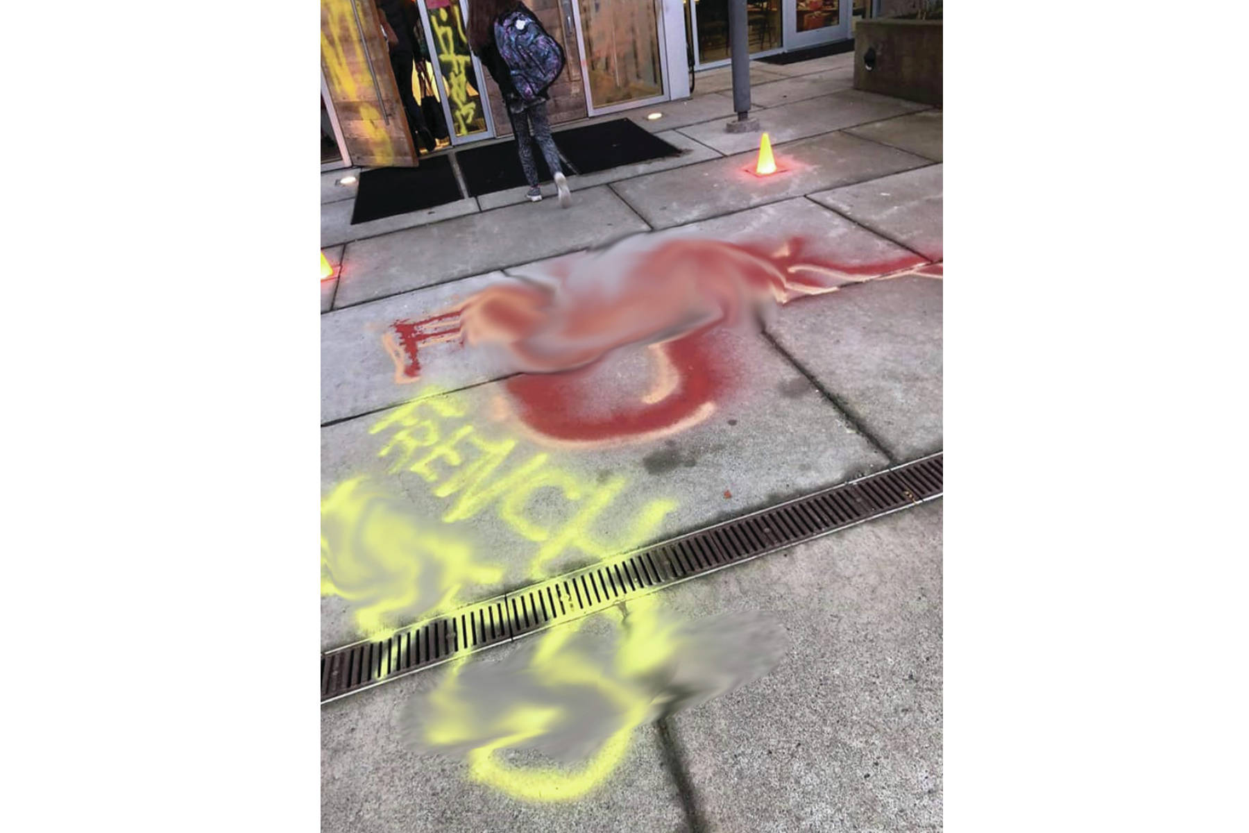 Photos on social media were making the rounds on Jan. 30, 2020, showing spray-painted expletives at Ecole au-cœur-de-l’île in Comox. The Comox Valley Record has edited the photos due to their sensitive content. (Facebook)