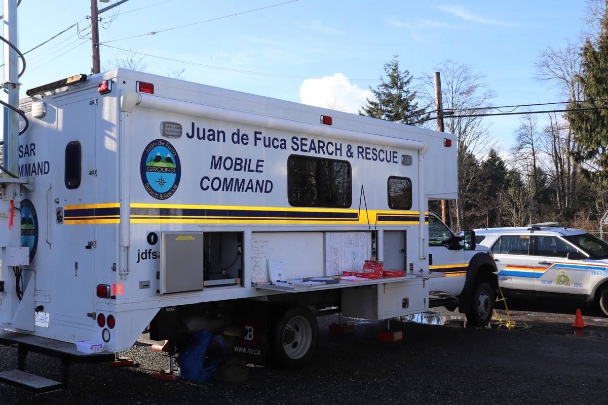 Juan de Fuca Search and Rescue services continue the search for a missing Sooke man, three days after he disappeared. The bodies of his two companions have been recovered after their truck was found in the Sooke River. (Tim Collins - Sooke News Mirror)