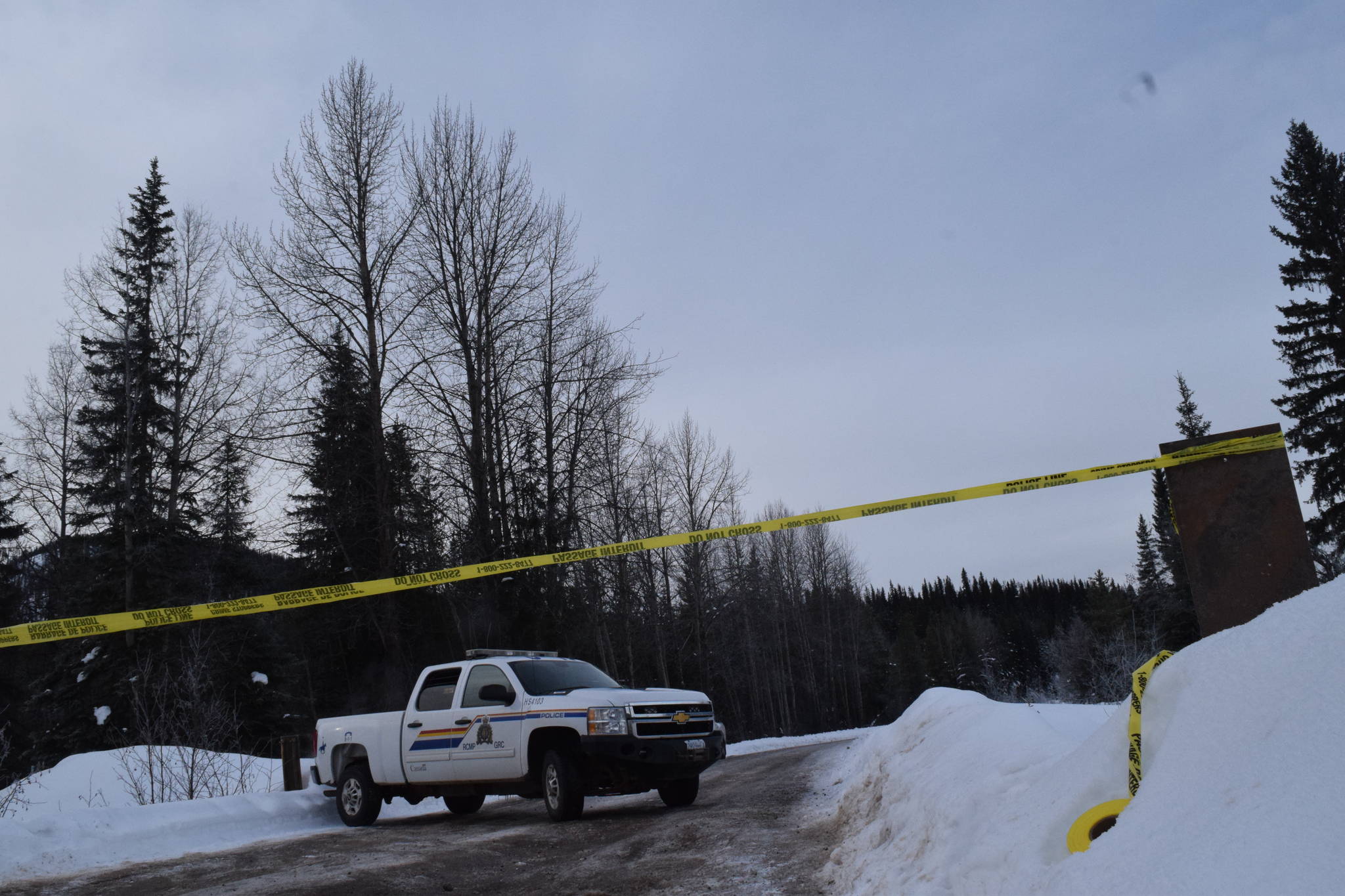 An RCMP truck is pictured at the location of an RCMP exclusion zone at the 27-kilometre point of the Morice West Forest Service Road near Houston, B.C., on Feb. 6, 2020. (Trevor Hewitt photo)