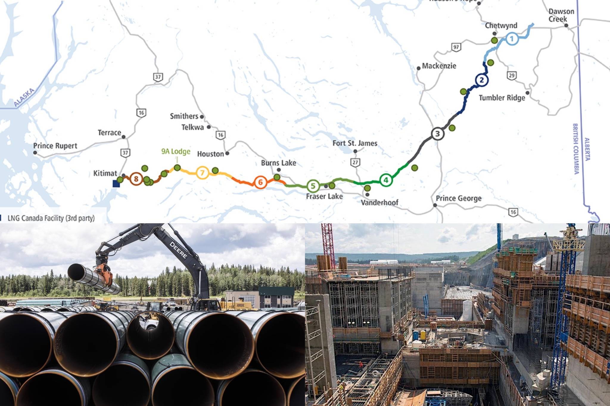 Three major projects have taken centre stage in B.C.: the Coastal GasLink pipeline project (top), the Trans Mountain expansion project (left) and the Site C dam (right). (Black Press Media files)