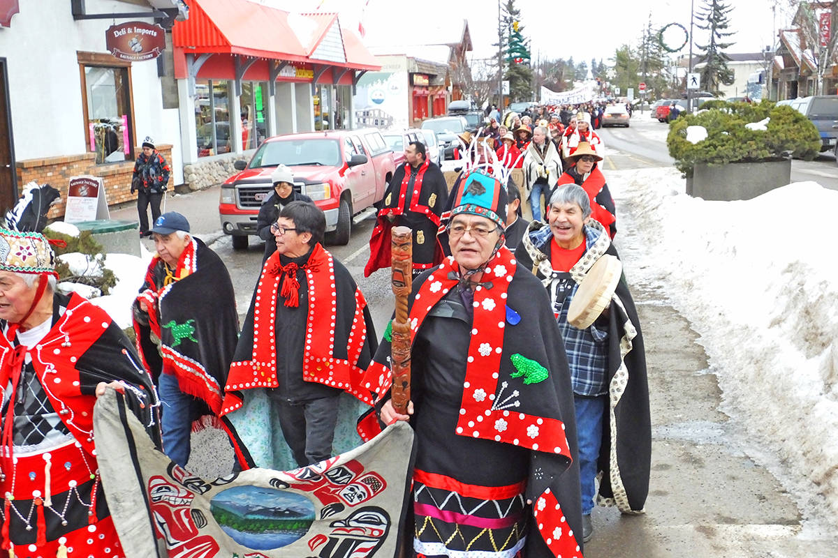FILE – Marching down Highway 16 in February 2019 in Smithers. B.C., chiefs gather in Smithers to support Wet’suwet’en hereditary chiefs’ position on Unist’ot’en camp and opposition to Coastal GasLink natural gas pipeline. (Chris Gareau photo)