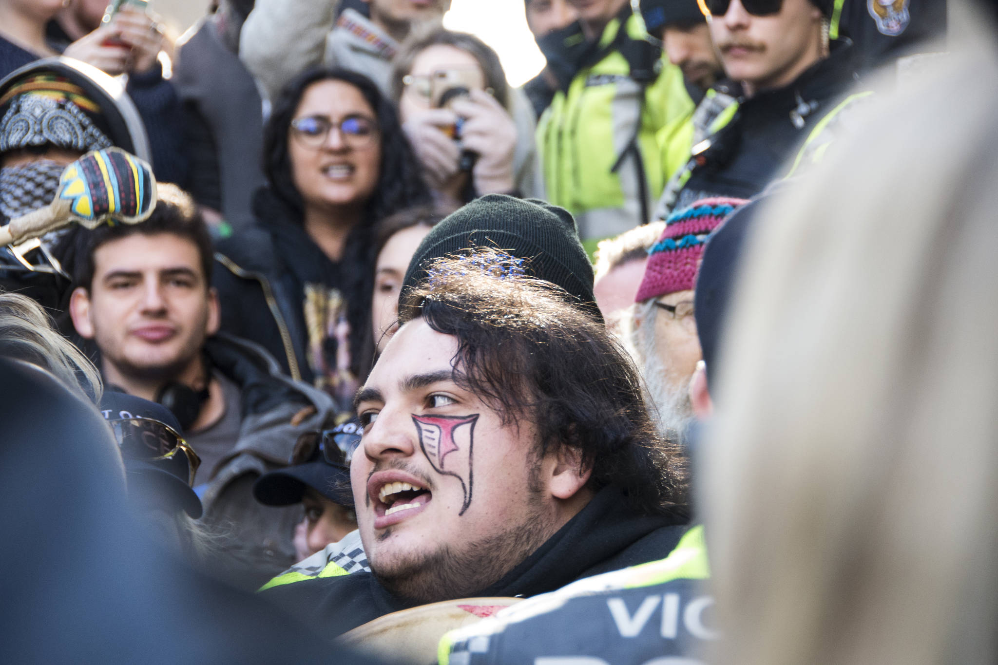 Hundreds of demonstrators block access to the BC Legislature in Victoria on Feb. 11, 2020 in support of the First Nations hereditary chiefs who are fighting a natural gas pipeline in northern B.C. (Nina Grossman/News Staff)