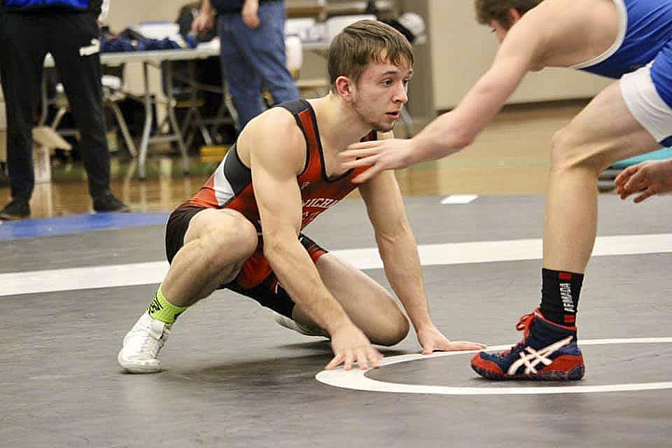 Cow High’s Talon Hird battles his way to another title at the Island championships in Port Alberni last weekend. Next up is a bid for a fifth provincial title. (Raylene Pace photo)