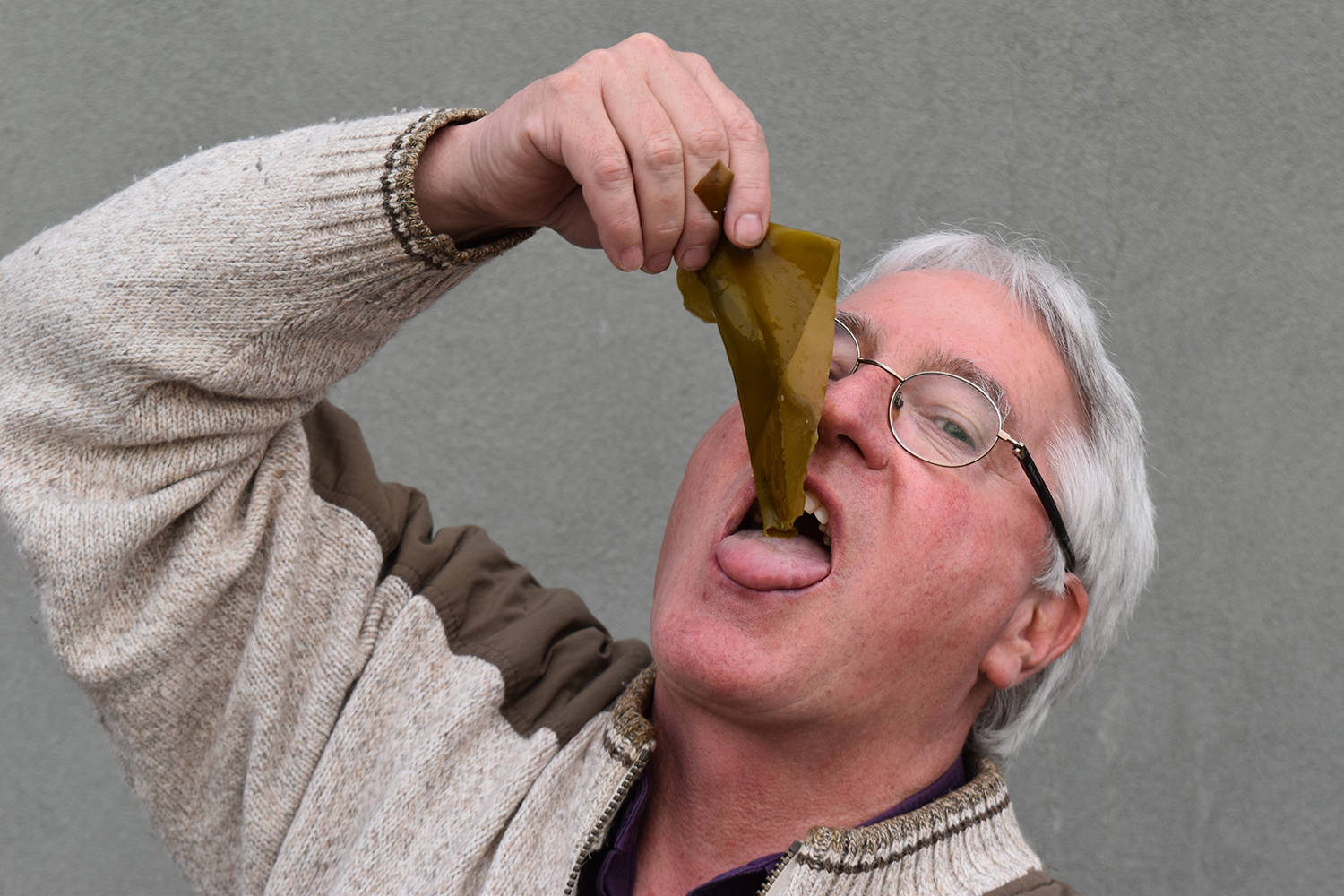 Bill Collins, chairperson of Cascadia Seaweed, enjoys a piece of sugar kelp. The company recently won at the Vancouver Island Business Excellence Awards (Wolf Depner/News Staff)