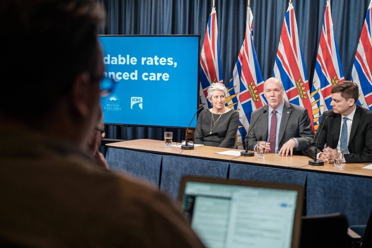 B.C. Premier John Horgan and Attorney General David Eby announce plans for rate changes to ICBC Feb. 6. (Tom Fletcher/News Staff)