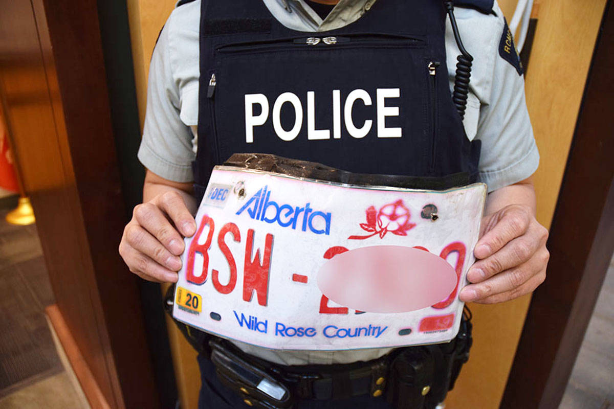Mounties are looking for a couple who were driving a car with this forged, paper licence plate on Jan. 8, 2020. (Coqutilam RCMP)