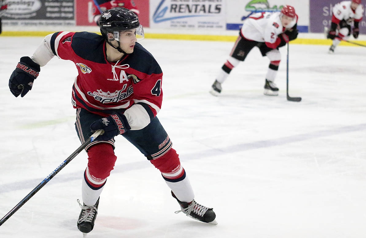Capitals defenceman Dimitri Mikrogiannakis is a BCHL First-Team All-Star and a finalist for two major awards, including league MVP. (Kevin Rothbauer/Citizen)