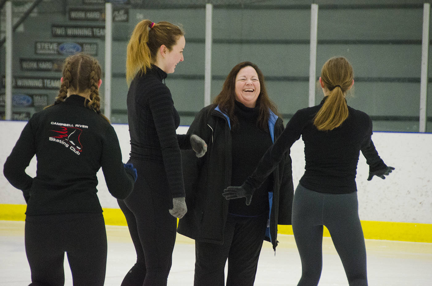 Coach Rae Anne Hesketh and the girls of the Campbell River Skating Club work through a routine at a recent practice at Stathcona Gardens as they prepare for their Year End Gala being held March 7 at 2 p.m., featuring 10-time Canadian National Champion Patrick Chan. Photo by Mike Davies/Campbell River Mirror