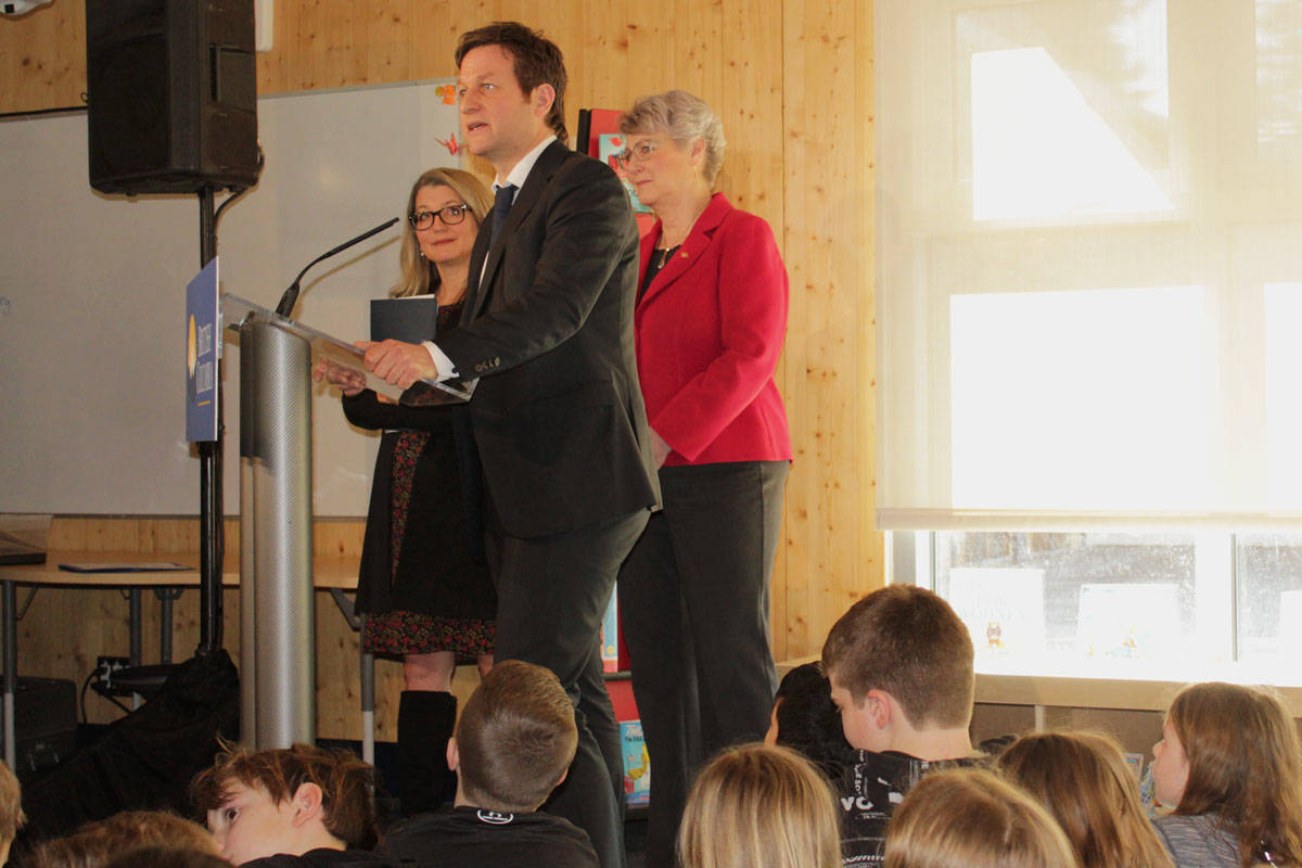 A group of students attended the childcare announcement which took place in the Cordova bay Elementary library on Friday. (Devon Bidal/News Staff)