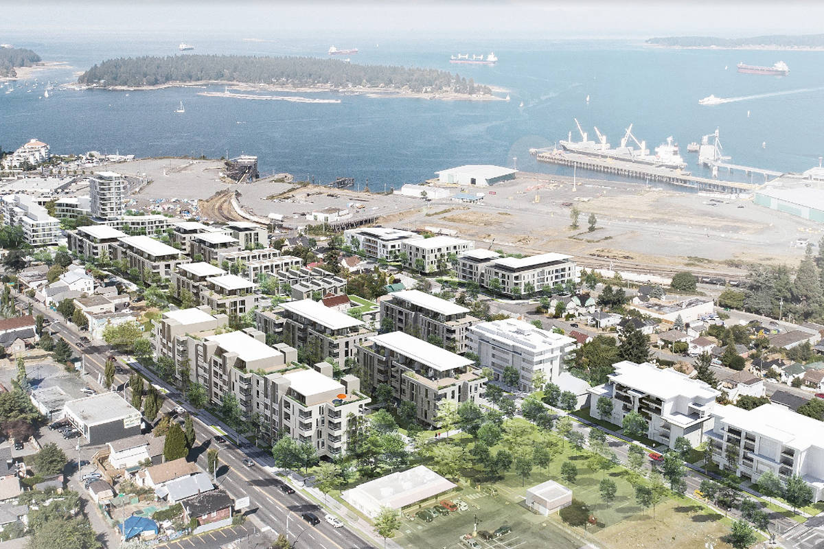 An artist rendering of Parkshore Projects’ long-term vision for the neighbourhood around Haliburton Street, which the developer is calling the Harbourview District. (D’Ambrosio Architecture and Urbanism)