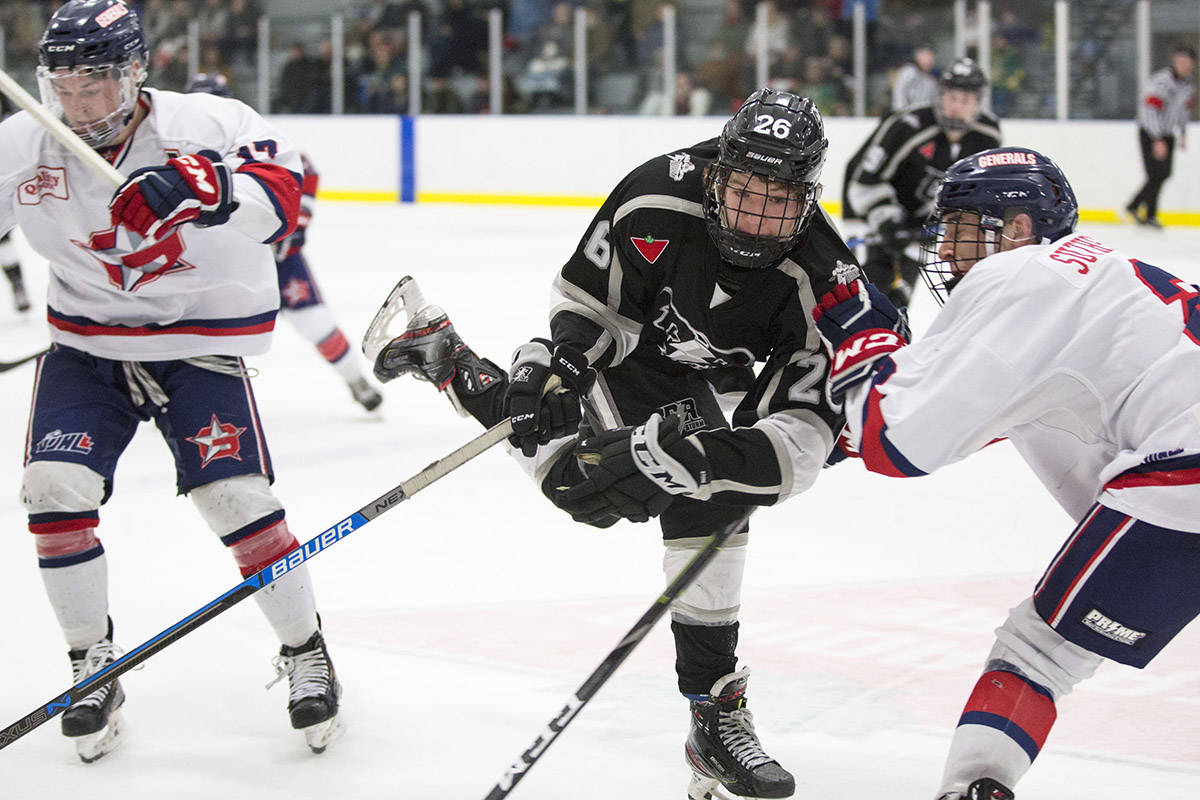 The start of the round 2 VIJHL playoff series between the Campbell River Storm and the Oceanside Generals has been postponed until Saturday, March 14. In this January 2020 file photo, Brendan Murray (26) fights for the puck deep in the Oceanside Generals end during regular season Junior B action at the Rod Brind’Amour Arena in Campbell River, B.C. on Jan. 3, 2020. The Storm beat the Generals 1-0. Photo by Marissa Tiel – Campbell River Mirror
