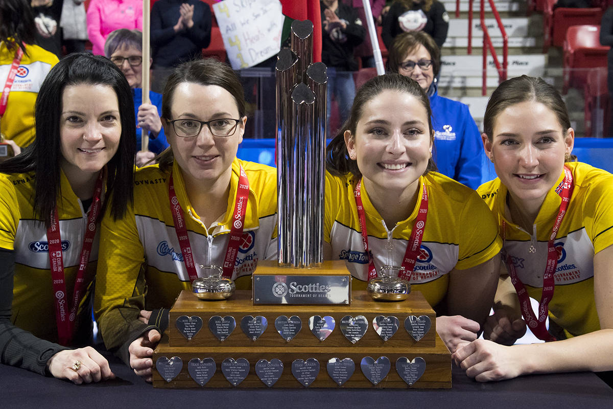 Team Canada for the World Women’s Curling Championship in Prince George: Kerri Einarson, third, Val Sweeting, second, Shannon Birchard and lead, Briane Meilleur pose with the trophy after defeating Team Ontario to win the Scotties Tournament of Hearts in Moose Jaw, Sask., Sunday, Feb. 23, 2020. THE CANADIAN PRESS/Jonathan Hayward