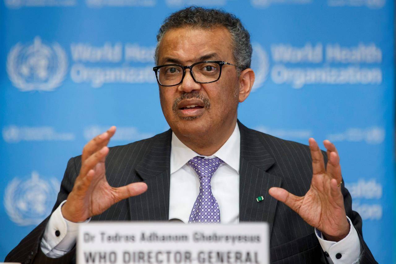 FILE - Tedros Adhanom Ghebreyesus, Director General of the World Health Organization speaks during a news conference on updates regarding on the novel coronavirus COVID-19, at the WHO headquarters in Geneva, Switzerland, Monday, March 9, 2020. (Salvatore Di Nolfi/Keystone via AP)