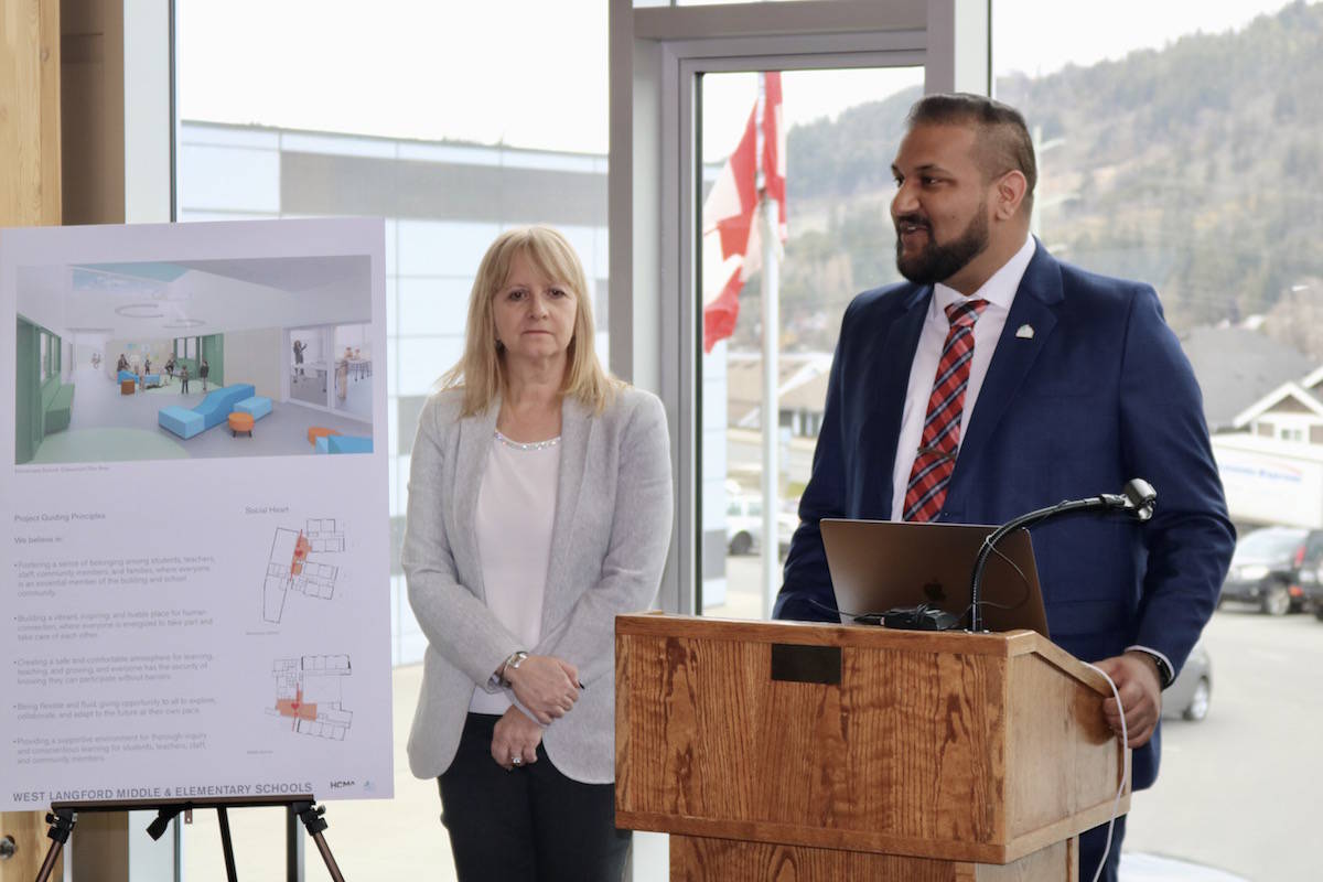Sooke School District 62 Trustee Ravi Parmar announced the new names of two West Langford schools, set to open in Sept. 2022. PEXSISEN Elementary and Centre Mountain LELLUM Middle were names gifted by Songhees and Beecher Bay First Nations. (Aaron Guillen/News Staff)