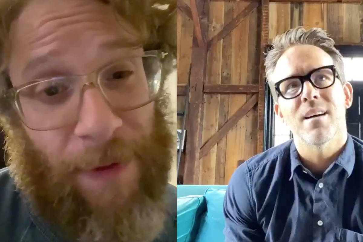 Seth Rogen, left, and Ryan Reynolds, right, ask Canadians to plank the curve in Twitter videos posted in March 2020. (Twitter)