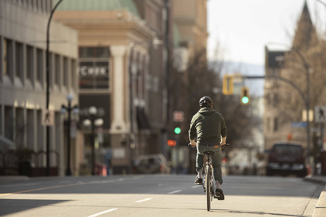 The streets of downtown Victoria are quieter than usual in the wake of physical isolation mandates from the provincial and federal governments. (Arnold Lim / Black Press) B.C. March 25, 2020.