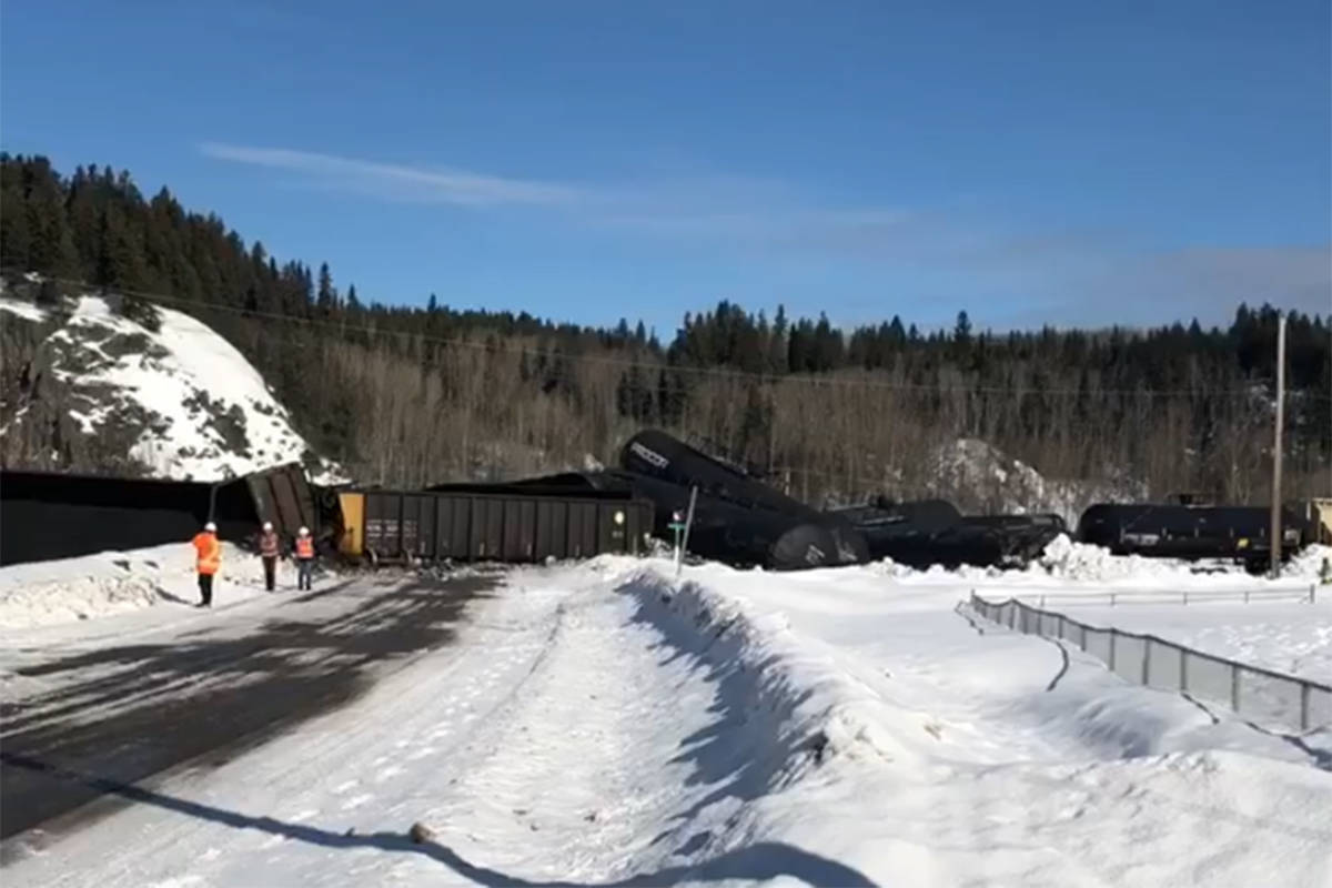 New rail safety measures are being implemented in Canada in an effort to stop derailments as seen here when a Canadian National Railway train carrying petroleum coke spilled into a creek after a 27 cars of a freight train derailed northeast of Prince George Thursday, March 4, 2020. (Jennifer Goold/Facebook)