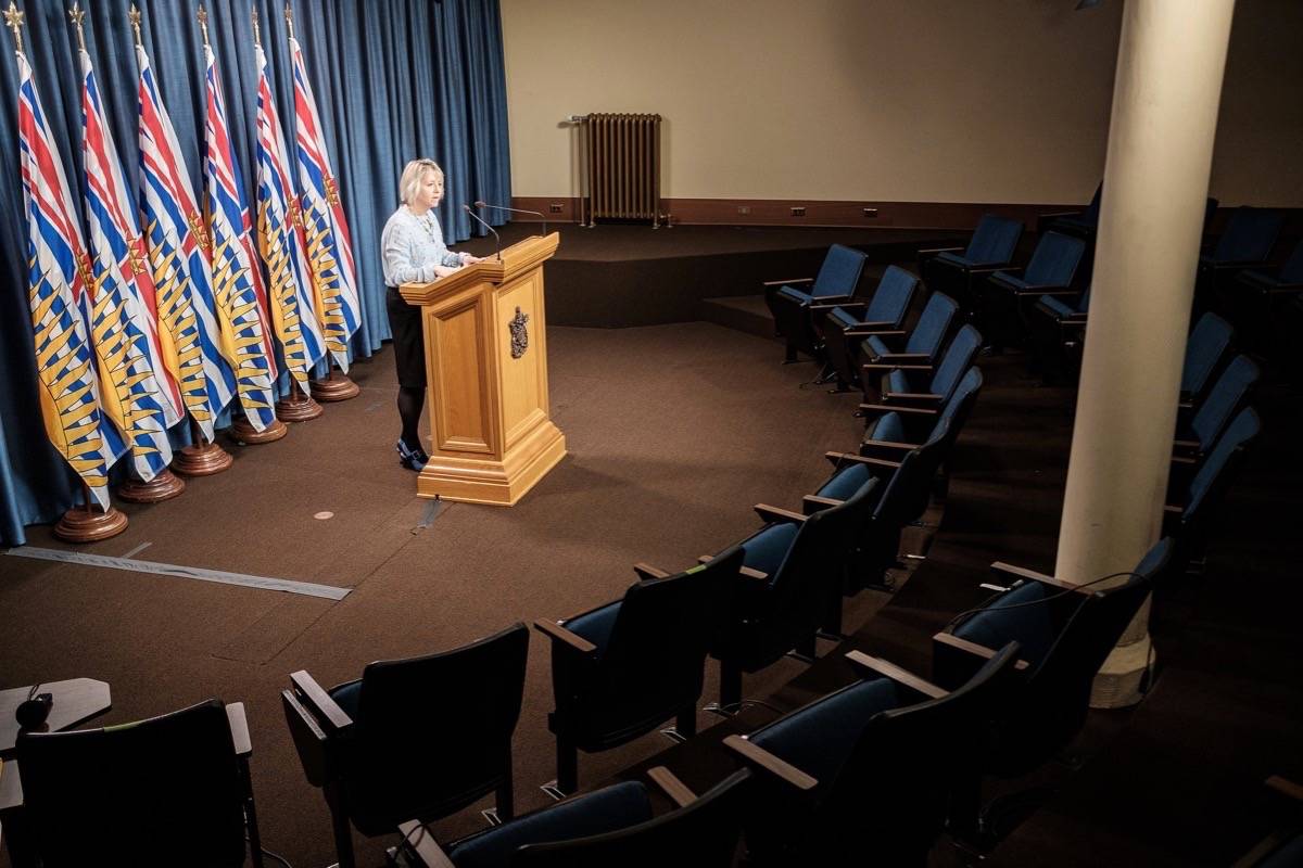 B.C. provincial health officer Dr. Bonnie Henry gives a daily briefing on COVID-19 cases at an almost empty B.C. Legislature press theatre in Victoria, B.C., on March 2, 2020. (Don Craig/B.C. government)