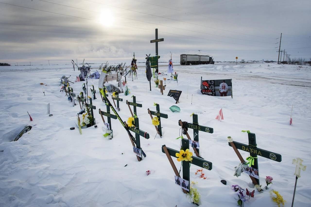 The memorial for the Humboldt Broncos hockey team at the site where sixteen people died and thirteen injured when a truck crashed into the team bus Wednesday, January 30, 2019 in Tisdale, Sask. The second anniversary of a devastating Saskatchewan bus crash will be a quiet one for the families involved because of the COVID-19 pandemic.THE CANADIAN PRESS/Ryan Remiorz