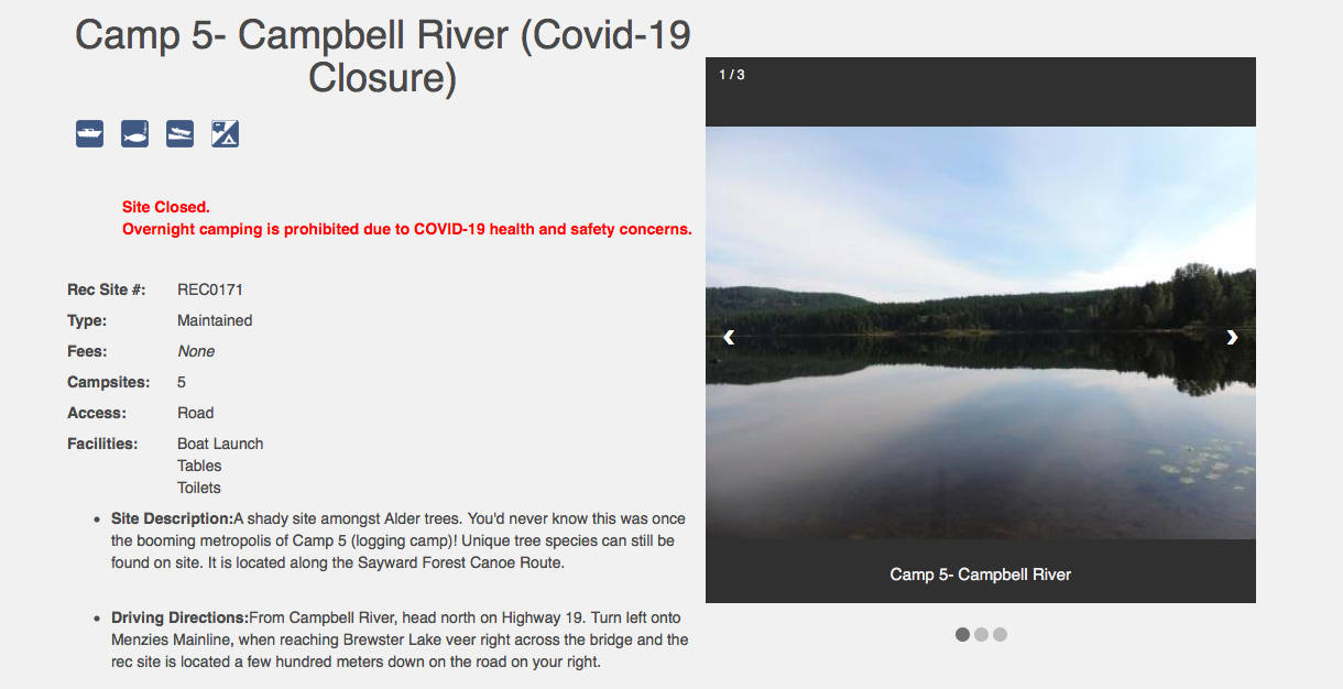 Recreation sites offering camping are closed effective immediately across the province. Photo courtesy FLNRORD