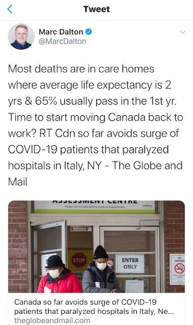 MP Marc Dalton has deleted a tweet that asks whether it is time Canadians return to work if most COVID-19 related deaths in Canada are seniors in long-term care homes. (screen shot)