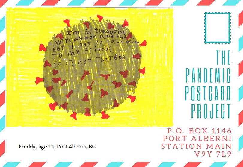 Some youth are choosing to draw their thoughts on their pandemic postcards. People who don’t want to download a postcard can also e-mail their thoughts to Literacy Alberni and they will be printed on a card for the project. (SUBMITTED PHOTO)