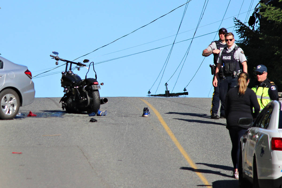 Emergency crews were called to a serious crash involving a car and three motorcycles on Saturday on Morden Road in South Wellington. (Karl Yu/News Bulletin)