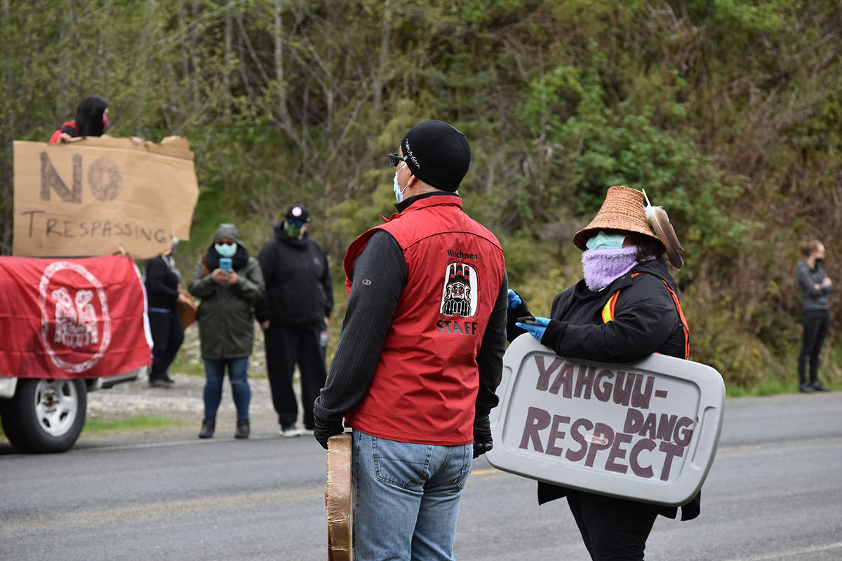 Leaders on Haida Gwaii along with more than 60 locals rallied at checkpoints in Skidegate on Monday, April 27, 2020 to ask any visitors coming off of the ferry from Prince Rupert to return to the terminal immediately. (Karissa Gall/Haida Gwaii Observer)