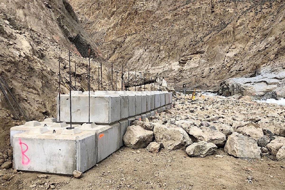 Fish ladder using nearly 500 concrete blocks under construction April 9, 2020, leading to pond and pumping station to lift salmon over the obstacle created by the June 2019 Big Bar landslide in the Fraser Canyon. (Fisheries and Oceans Canada)