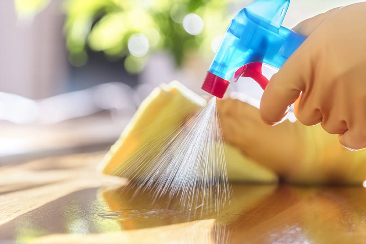 Cleaning with spray detergent, rubber gloves and dish cloth is the safest way to clean a surface. (BCCDC photo)