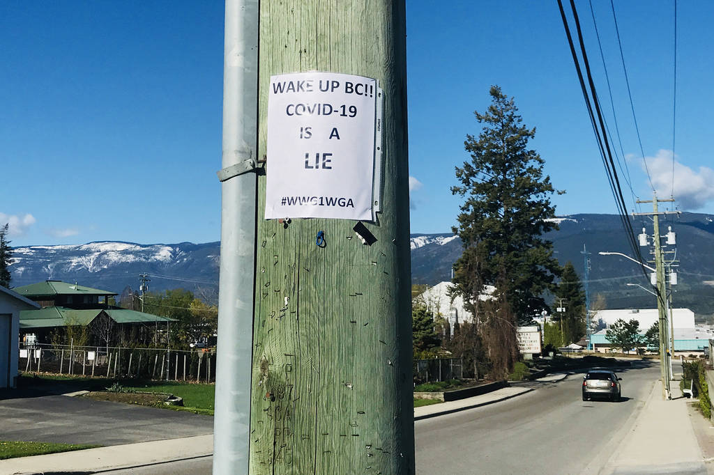 Conspiracies around COVID-19 have oozed off the internet and into public places in Salmon Arm. (Lachlan Labere-Salmon Arm Observer)                                Conspiracies around COVID-19 have oozed off the internet and into public places in Salmon Arm. (Lachlan Labere-Salmon Arm Observer)