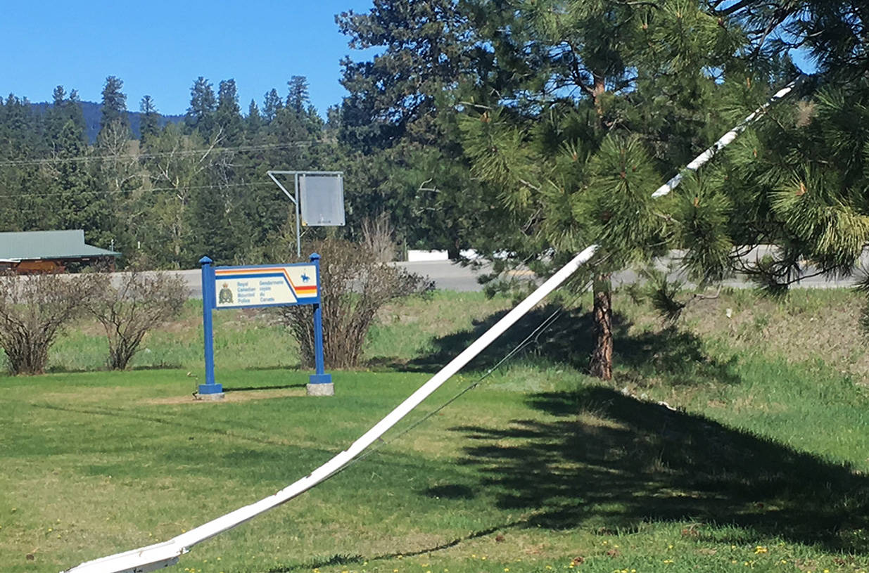 The flagpole which hoisted the Maple Leaf at the Princeton RCMP detachment was destroyed May 1 by a vehicle. Photo Andrea DeMeer