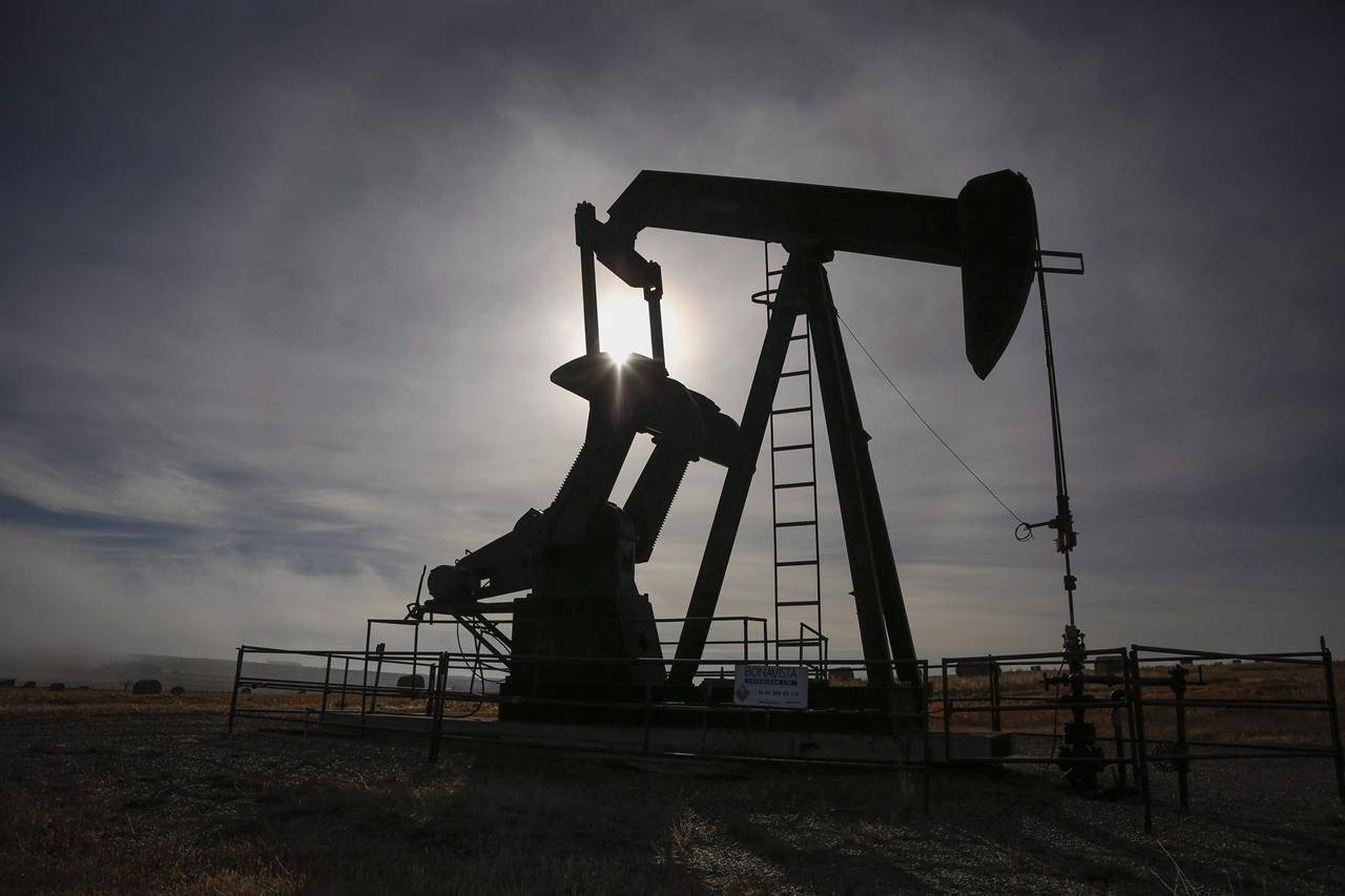 A pumpjack works at a well head on an oil and gas installation near Cremona, Alta., Saturday, Oct. 29, 2016. Federal financing relief for large Canadian companies announced Monday was welcomed by the oil and gas sector and the Alberta government despite conditions that linked the aid to climate change goals. THE CANADIAN PRESS/Jeff McIntosh