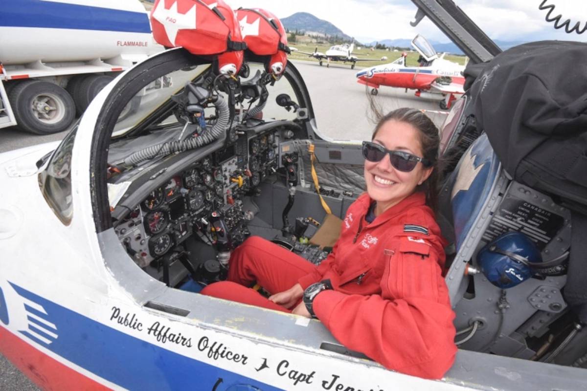 Capt. Jennifer Casey, the Snowbirds’ public affairs officer, was killed in the May 17, 2020, crash of a squadron jet in Kamloops. This photo of her was taken in the Okanagan during a July 2019 visit by the team. (Mark Brett/Black Press Media)