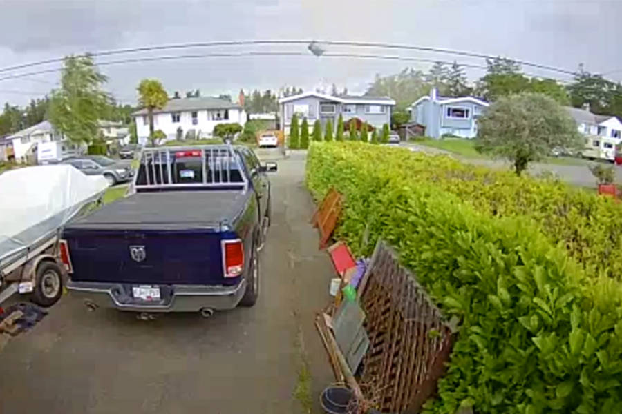 A Ring.com video shows a tornado lift a trampoline from a Saanich yard. (Ring.com)
