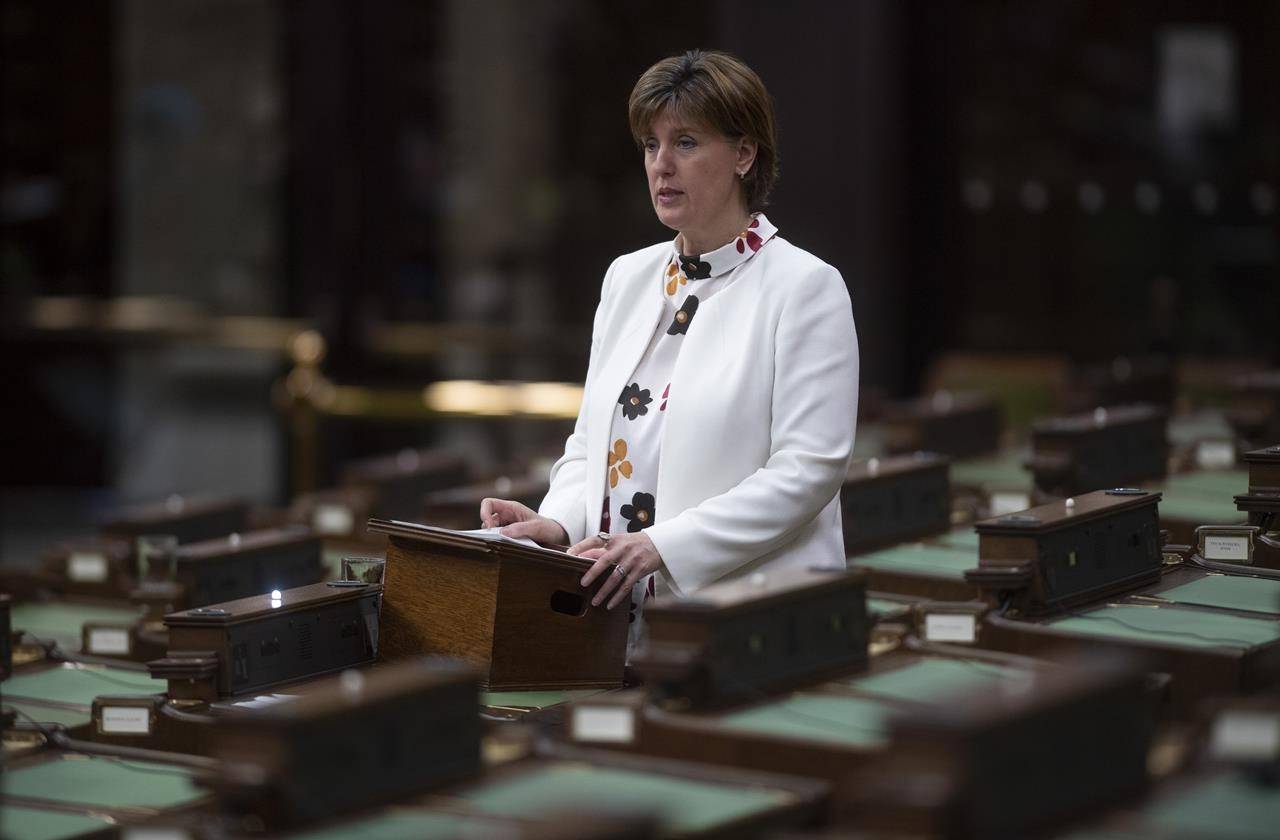 Minister of Agriculture and Agri-Food Minister Marie-Claude Bibeau rises to introduce an act to amend the Canadian Dairy Commission Act in the House of Commons in Ottawa on May 13, 2020. THE CANADIAN PRESS/Adrian Wyld