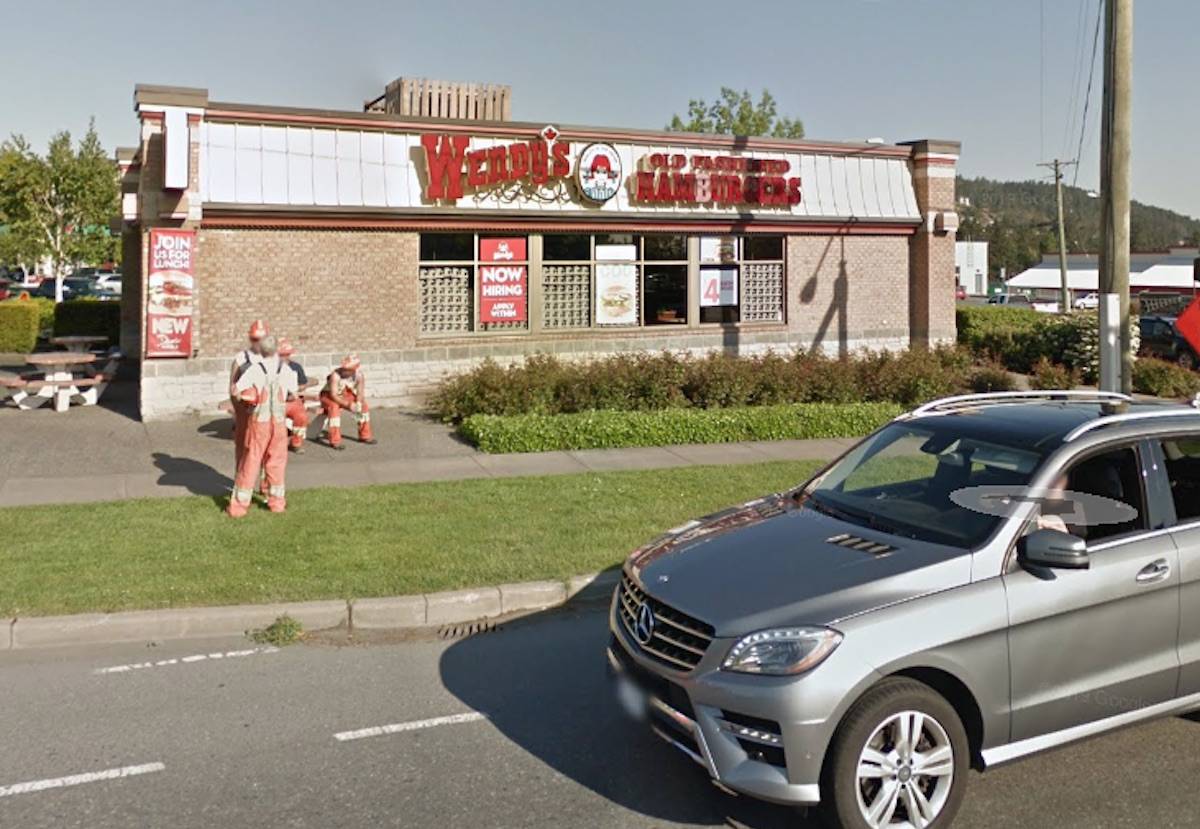 The West Shore RCMP is looking for a man who allegedly damaged a Wendy’s drive-thru in Colwood after he didn’t get mustard on his burger. (Google Maps photo)