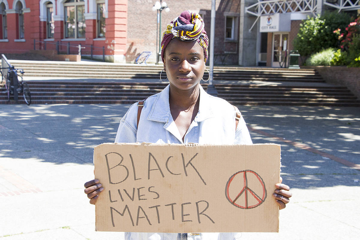 An anti-racism rally, led by organizer Vanessa Sjo, took to the streets of downtown Victoria Monday, June 1, in solidarity with movements taking place across the U.S. and Canada. Another rally is planned for Sunday. (Katherine Engqvist/News Staff)