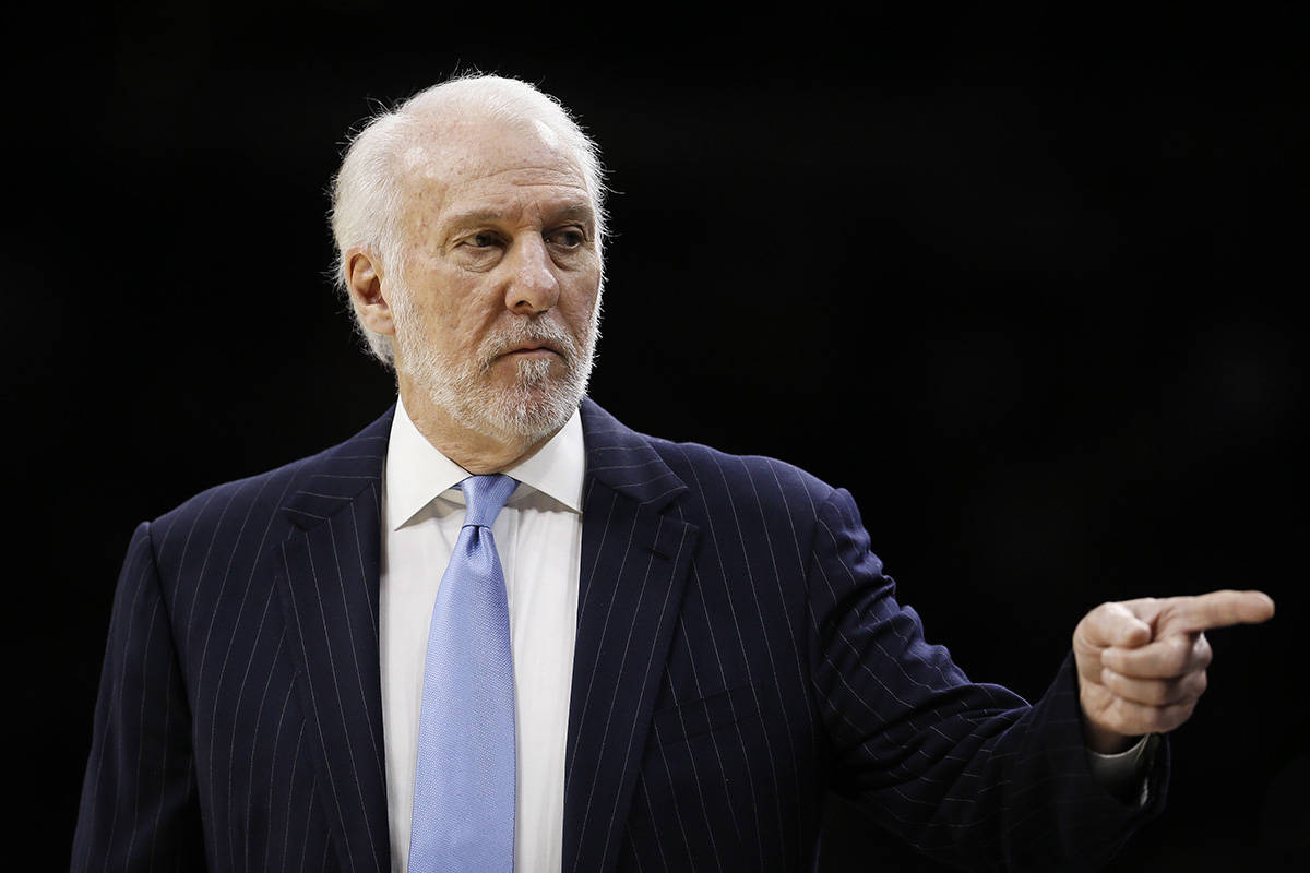 In this Nov. 22, 2019, file photo, San Antonio Spurs coach Gregg Popovich points to his bench during the first half of the team’s NBA basketball game against the Philadelphia 76ers in Philadelphia. Popovich said he is “embarrassed as a white person” that George Floyd could die in such a “nonchalant” manner. The 71-year-old Popovich addressed Floyd’s death in a video released Saturday, June 6, 2020, by the Spurs as part of the team’s #SpursVoices social media series. Floyd died after being restrained by Minneapolis police officers on May 25. (AP Photo/Matt Slocum, File)